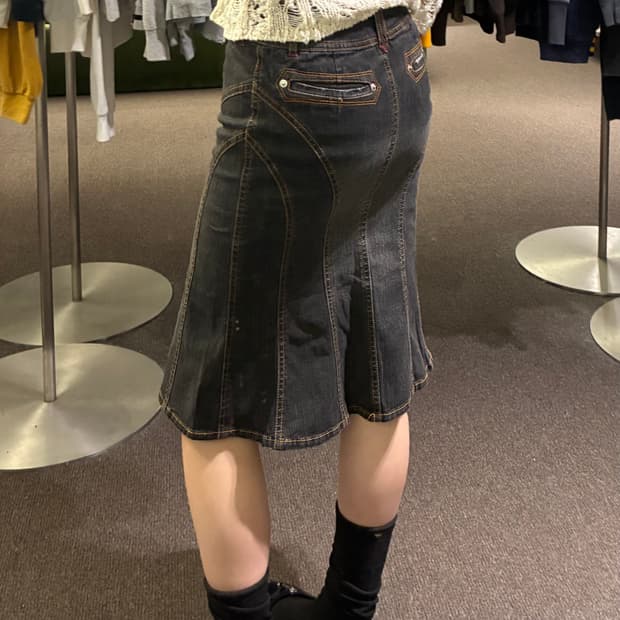 87)Japanese vintage 워싱 스티치 미디 스커트