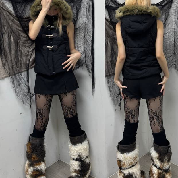 Y2K Fur Hoodie Navy Vest