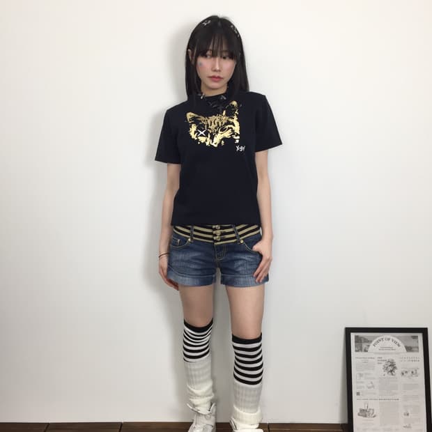 'X-girl' Gold Cat Graphic Black T-shirt