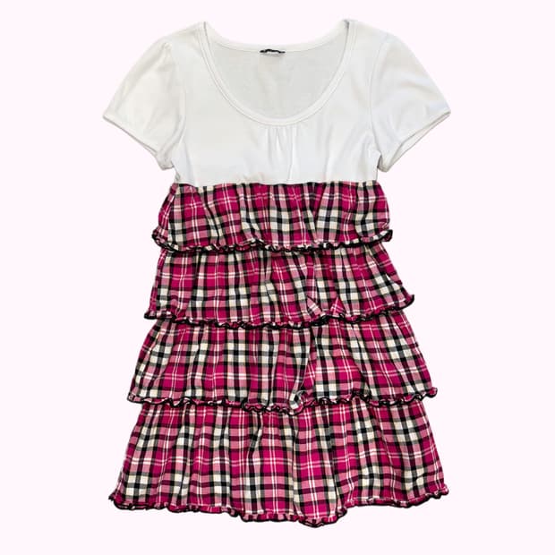 SKY BOMBER pink check tired dress