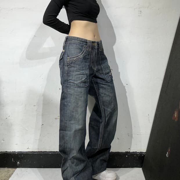 빈티지 중청 대장급 포켓 디테일 와이드 데님 팬츠 워싱 청바지 28 
