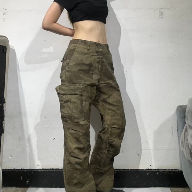 빈티지 밀리터리 베이지 카모 와이드 카고 팬츠 M