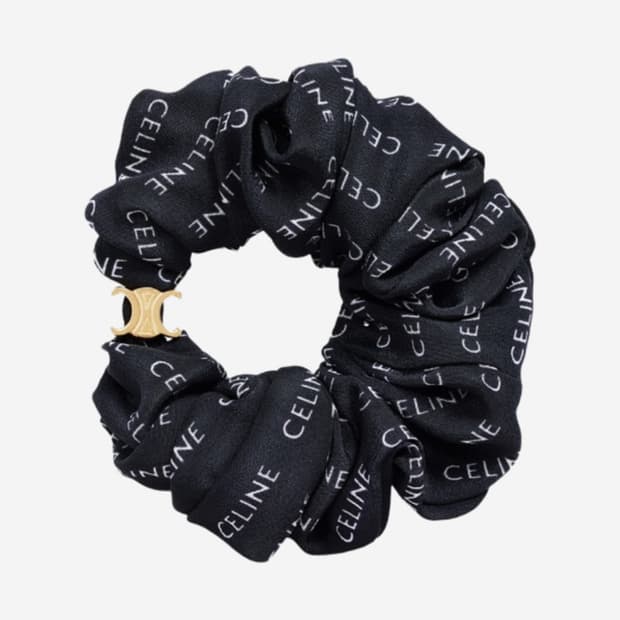 새상품급 셀린느 스크런치 브래스 골드 피니쉬 블랙 실크 헤어밴드 머리띠
