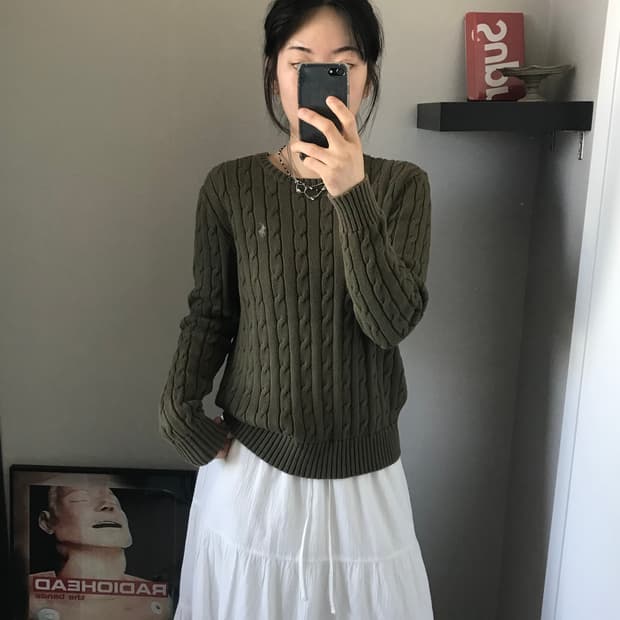 폴로 랄프로렌 포니 로고 카키 케이블 니트