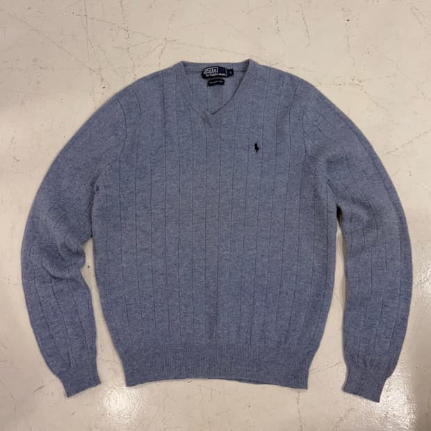 폴로 브이넥 블루 니트