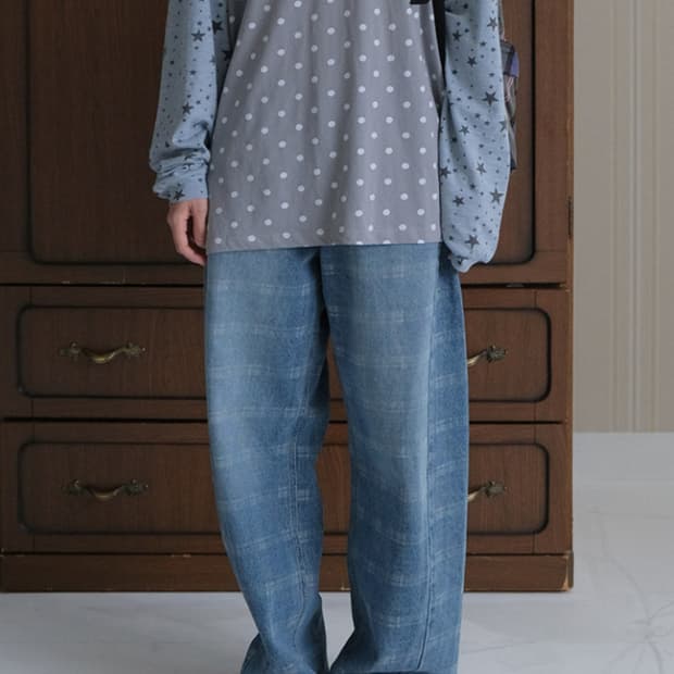 바니쉬먼트 Curved check denim_washed blue 데님