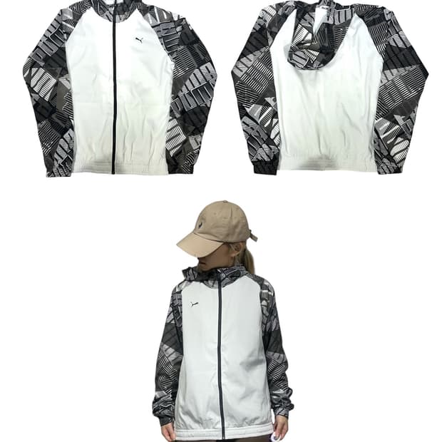 푸마 화이트 배색 후드 트랙탑 져지 L