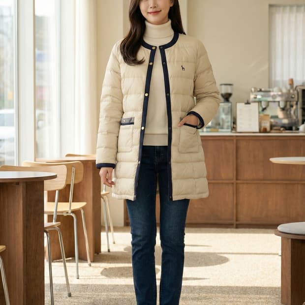 헤지스(HAZZYS) 라운드넥 배색 경량 다운 퀼팅 자켓