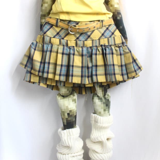 Highteen yellow check pleats belt+skirt