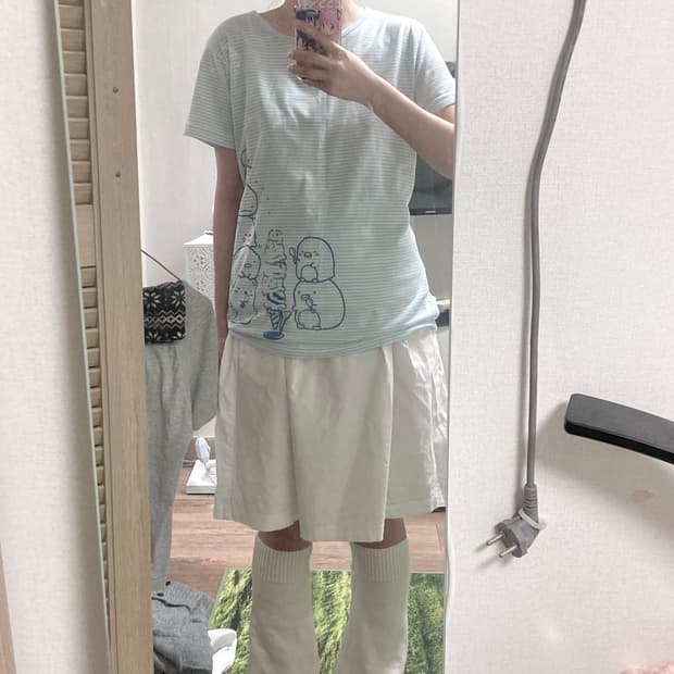 빈티지 스밋코구라시 민트코어 하늘색 스트라이프반팔티셔츠 너드모리니혼진