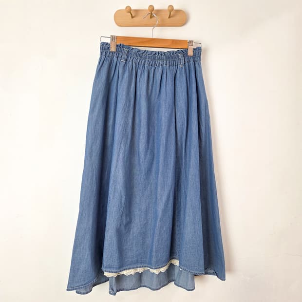 밑단 레이스 데님 롱스커트