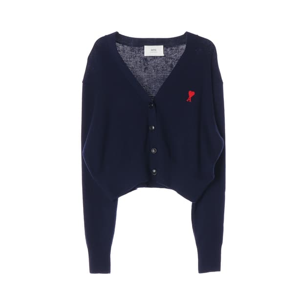 [M]ami아미 23FW 울100% 네이비 로고 브이넥 숏 니트 가디건

