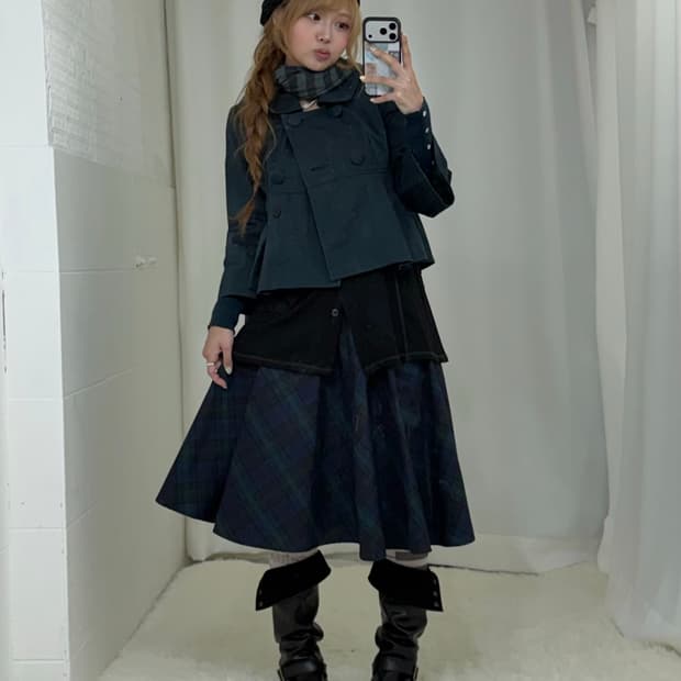 청록 하구미 니혼진 더블버튼 트렌치 코트 코디세트