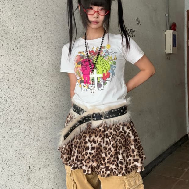 레오파드 이단 미니 스커트