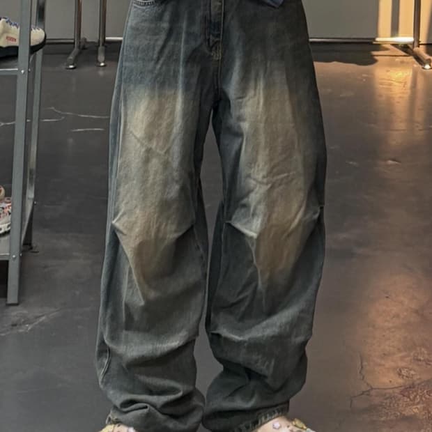 아이오네 컷팅 오버핏 워싱 데님 팬츠 A3444