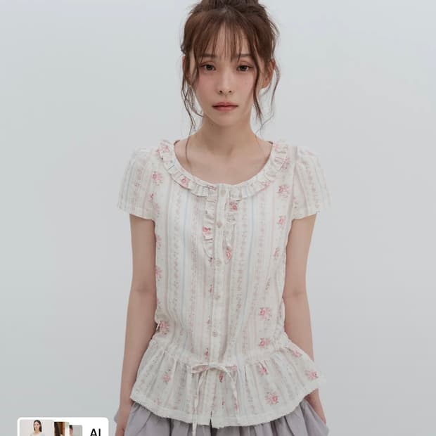 하이스쿨디스코 프릴넥 퍼프소매 플라워 블라우스