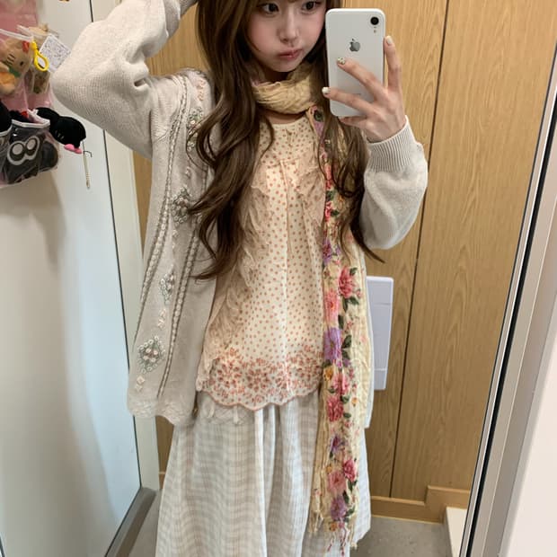 뜨개 꽃 가디건 하구미 잔꽃 도트 모리걸 코디세트