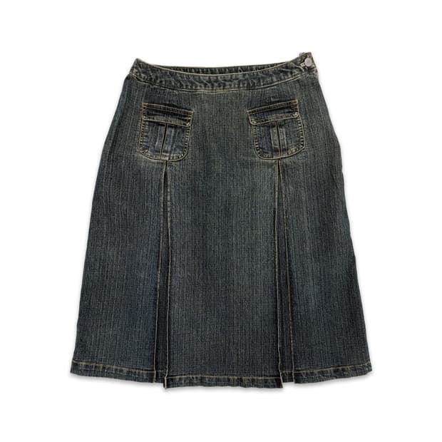 빈티지 enracine 데님 포켓 플리츠 미디 스커트