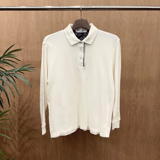 버버리 코튼 PK 긴팔 티셔츠 로고 자수 체크 배색 안감 디테일 화이트