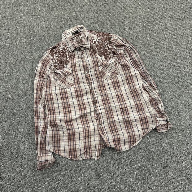XL) Pop Icon Clothing 빈티지 자수 체크 남방 셔츠