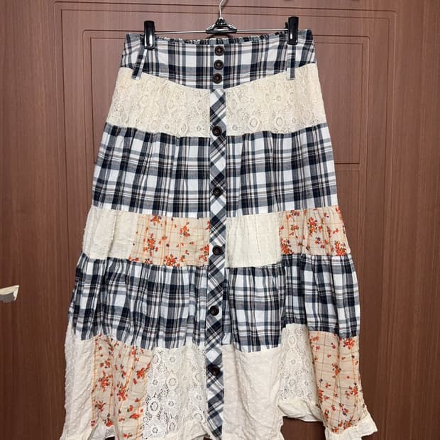 모리걸 하구미 일본 빈티지 패치워크 체크 도트 잔꽃 롱 스커트