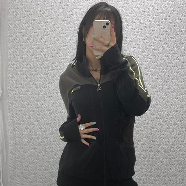 푸마 레트로 슬리브 배색 후드 집업 니트 가디건 L C07363