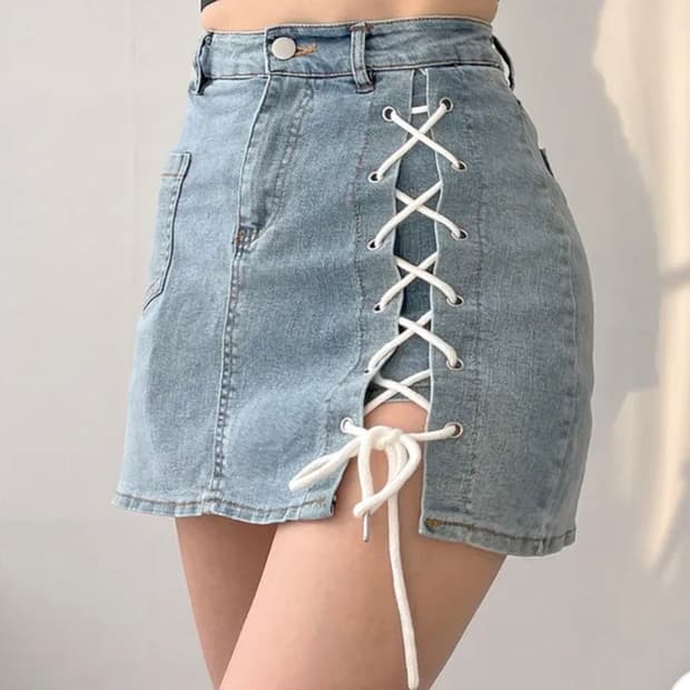 (스판,속바지O) (새상품) 코르셋 리본 끈 청 미니 스커트
