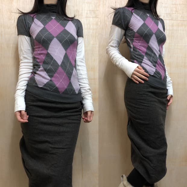 [직수입] 빈티지 아가일 폴라 반팔 니트 탑