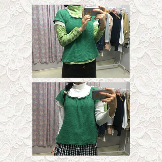 그린 쉬폰 반소매 니트탑