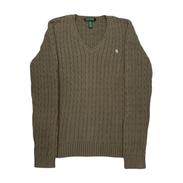 랄프로렌 그린라벨 RLL 케이블 꽈배기 브이넥 니트 카키 M