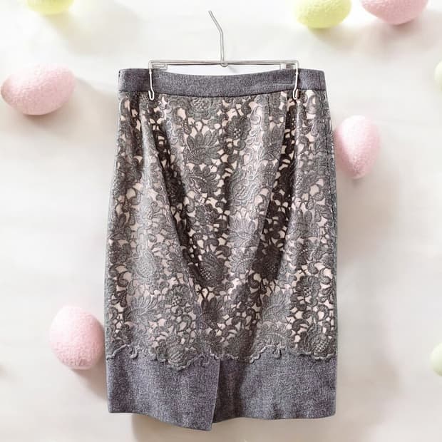 질 스튜어트 플라워 레이스 그레이 H라인 미디 스커트 55