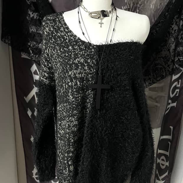 Vkei 트리밍 원숄더 루즈핏 니트 고딕고스다크웨어유니섹스emo비주얼계