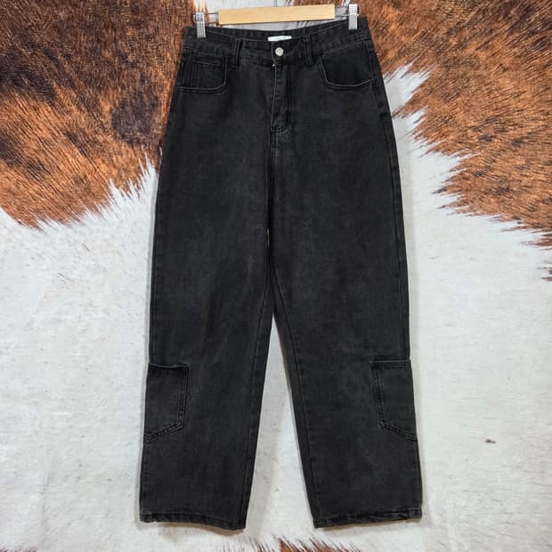 빈티지 흑청 밑단 포켓 와이드 데님 팬츠