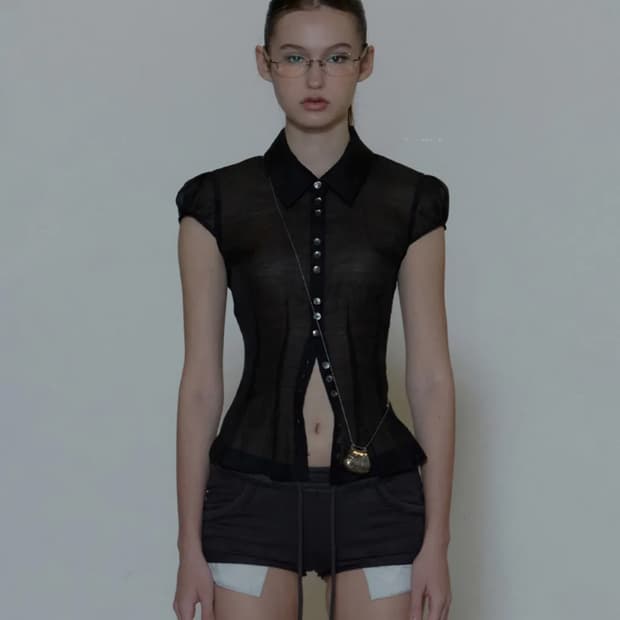 스컬프터 Sheer Pleated Hem Blouse Black 새상품