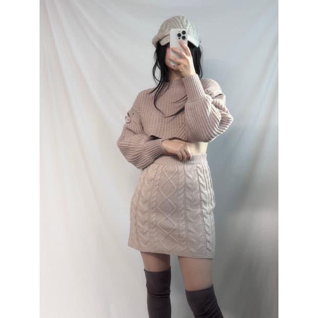 오픈 버튼 숄더 크롭 니트 스커트 2pcs SET (단품 구매 가능)