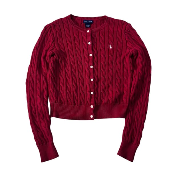 W 90 폴로랄프로렌 레드 꽈배기 가디건