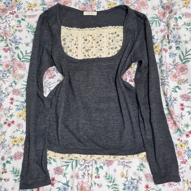 일본빈티지)하구미모리걸st 레이어드 플로럴 로맨틱 레이스 데일리 티셔츠