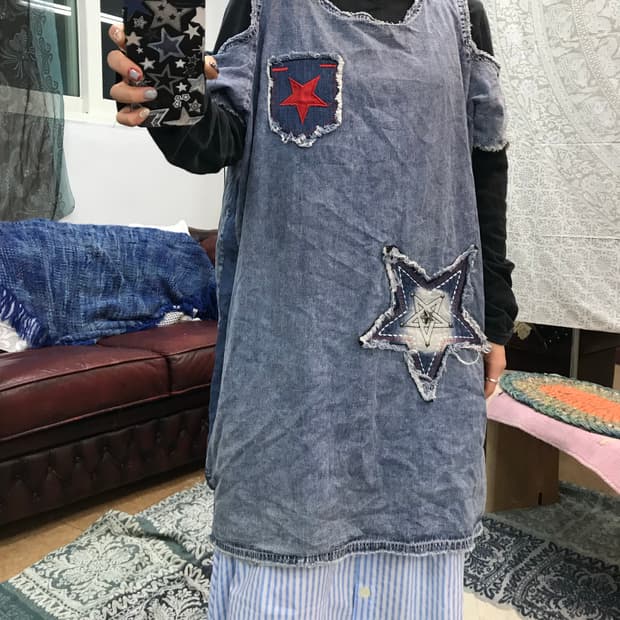 Yibojingpin 여성 별 패치 데님 원피스 