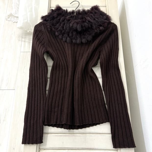Deep Brown Rabbit Fur–Trim Knit