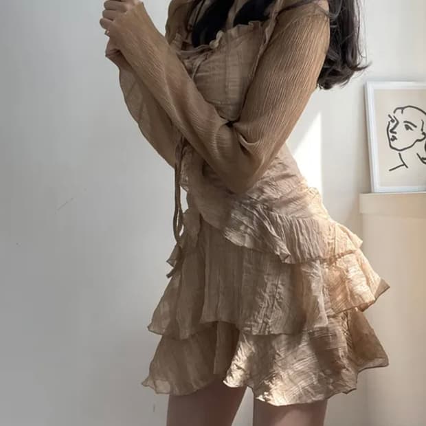 베이지 캉캉 프릴 원피스 쉬폰 볼레로 세트