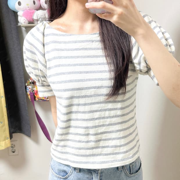 빈티지 그레이 스트라이프 반팔 니트 티셔츠 히메갸루 로걀 라떼 스나계