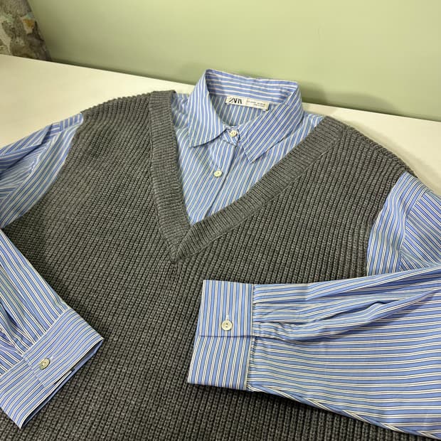 M-L 자라맨 루즈오버핏 니트베스트 도킹셔츠