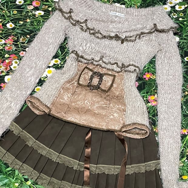 일본빈티지 라떼갸루 베이지 브라운 초코 오프숄더 세미옾숄 리본니트