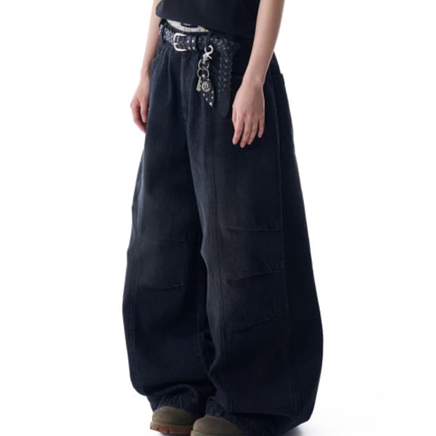 [2] 아캄 니 핀턱 워시드 데님 팬츠 블랙