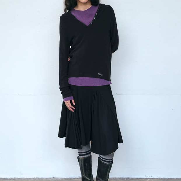 파이시스 - 플레어 패널 미디스커트 - 블랙