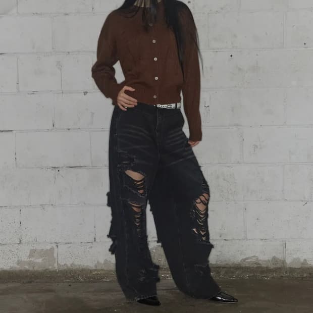 팬시클럽 워시드 데미지 데님 팬츠 (BLACK) size1