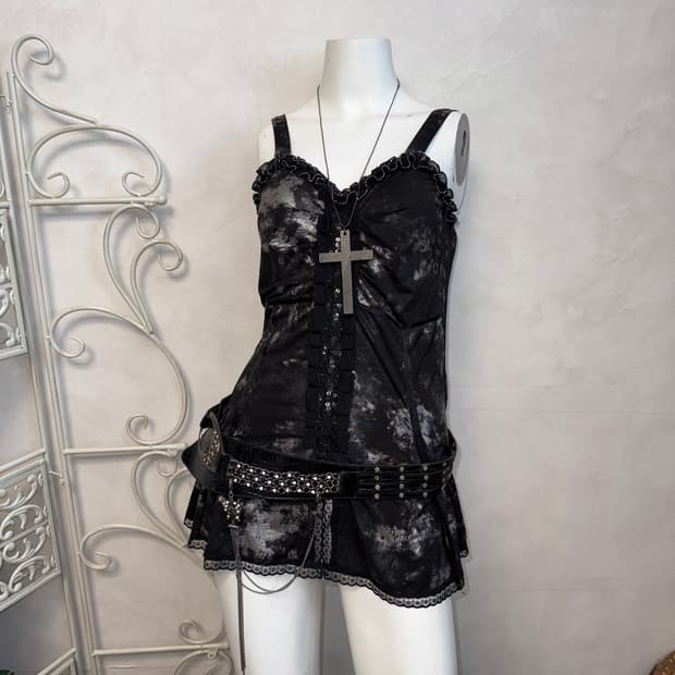 Black silver tie dye lace detail 슬리브리스