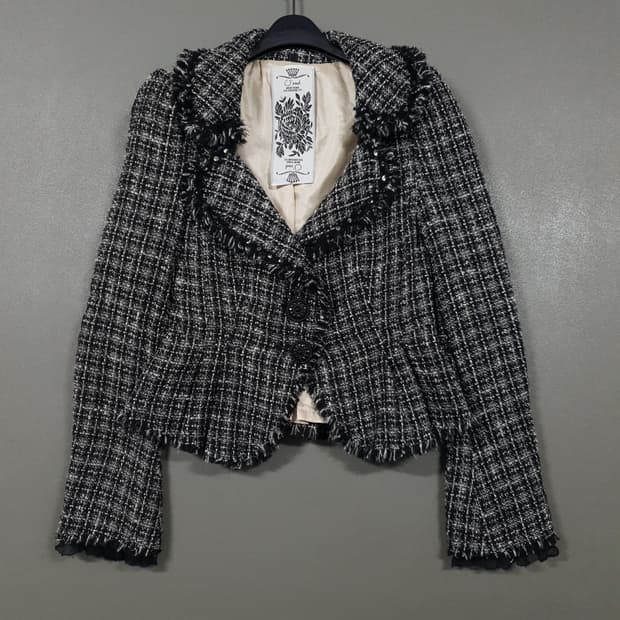 오즈세컨 레이스 블랙 튤립 울 실크 싱글 버튼 트위드 자켓 블랙 여성 S