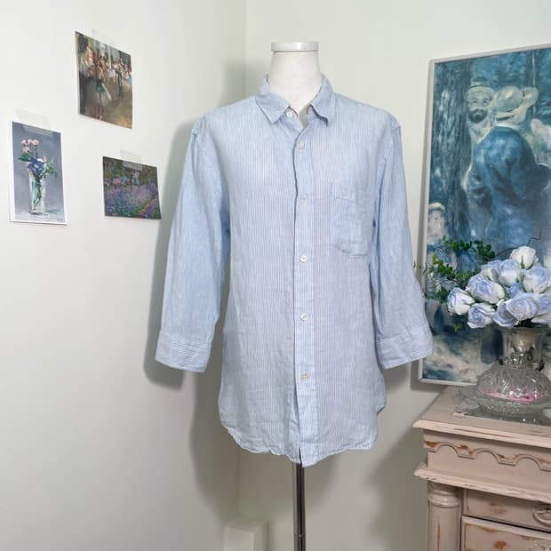 sky blue stripe 100%linen leather point 