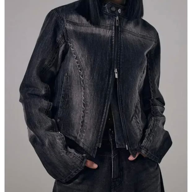 트리밍버드 V-Shape Denim Biker Jacket Black